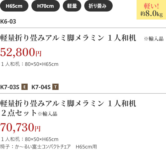 軽量折り畳みアルミ脚メラミン １人和机　※輸入品 52,800円 軽い！約8.0kg 軽量折り畳みアルミ脚メラミン １人和机 ２点セット※輸入品 70,730円