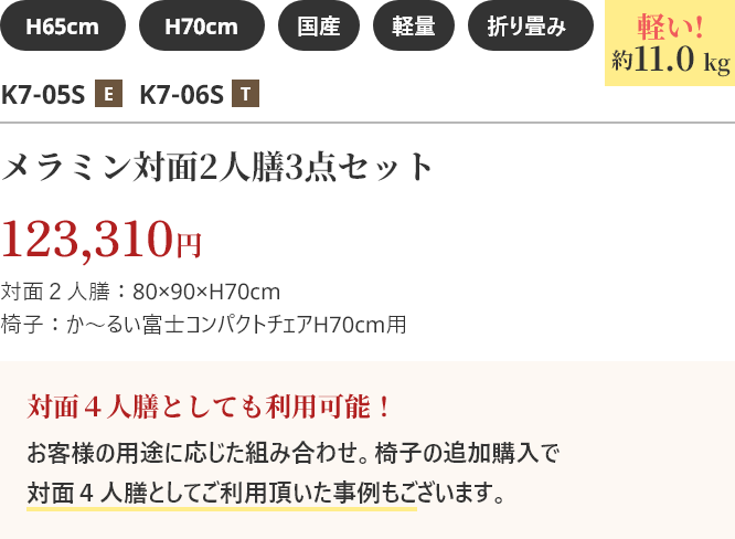 メラミン対面2人膳3点セット 123,310円 軽い！約11.0kg 対面４人膳としても利用可能！